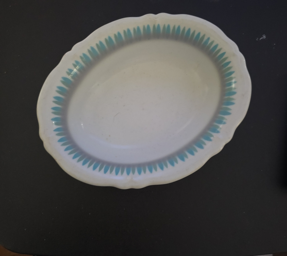 White Ceramic Serving Platter with Teal Leaf Border